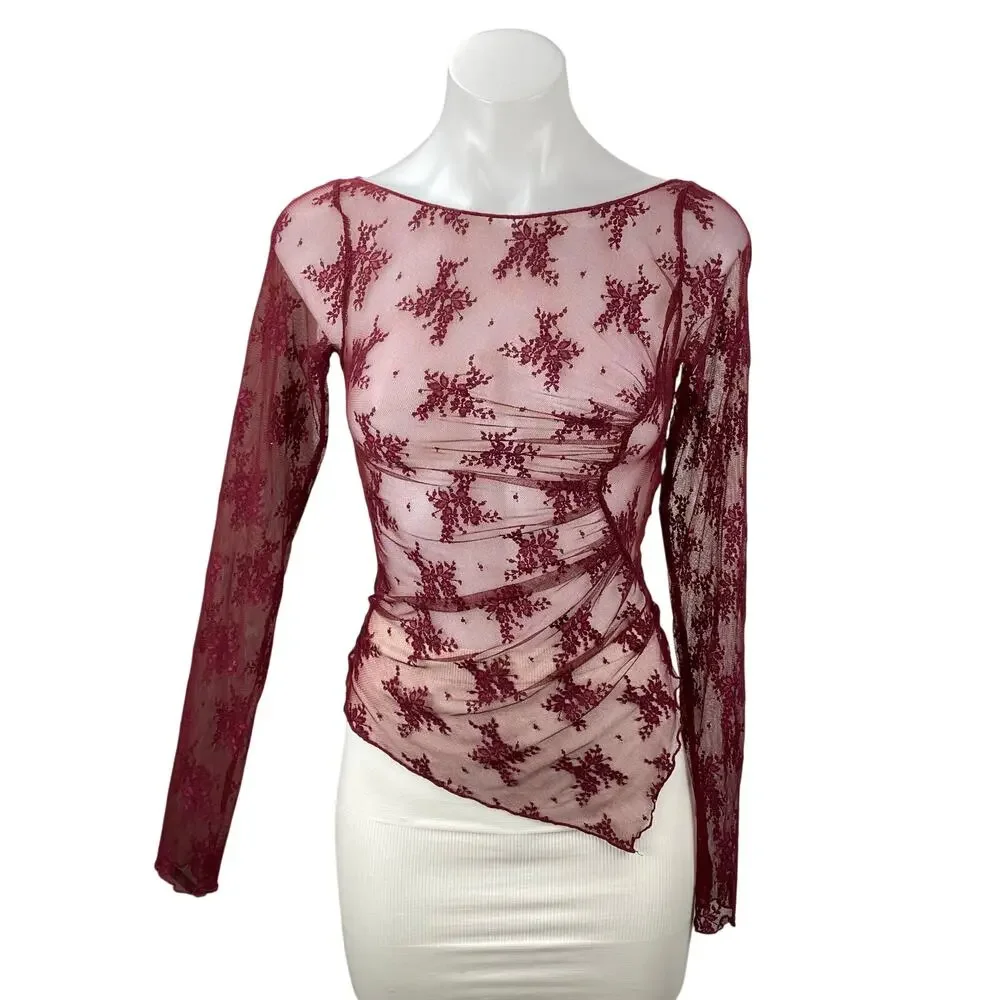 Free People Full Bloom Red Layering Mesh Sheer Lace Long Sleeve Blouse Top Sz XS